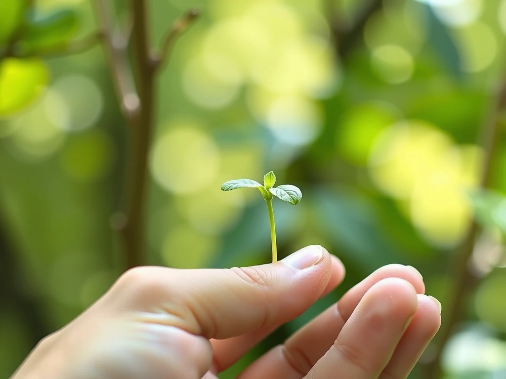 O mână care ține o plantă mică, simbolizând creșterea și natura