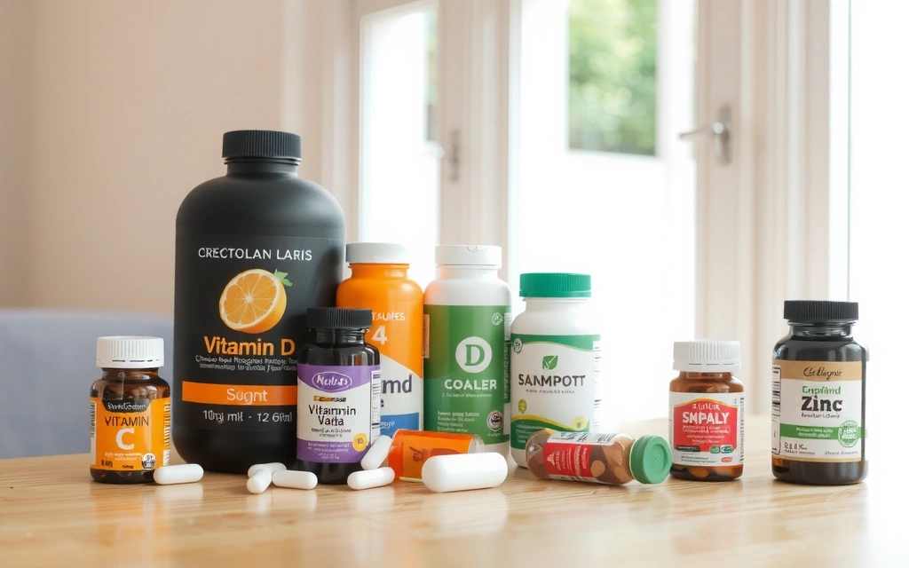 Diverse vitamine și suplimente pe o masă, cu focus pe Vitamina C, D și Zinc