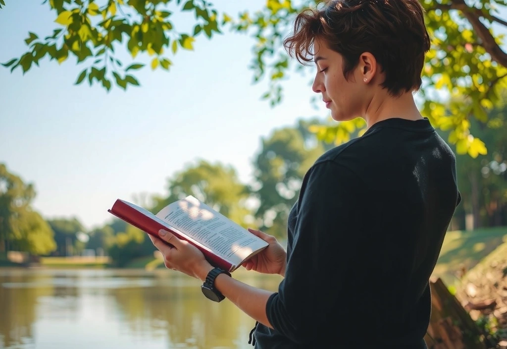 O persoană citește o carte într-un cadru natural, simbolizând căutarea cunoștințelor și încrederea