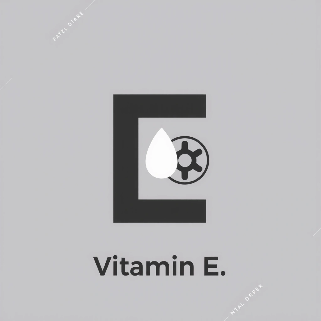 Pictogramă reprezentând litera E cu un simbol de antioxidant, simbolizând Vitamina E și protecția celulară.
